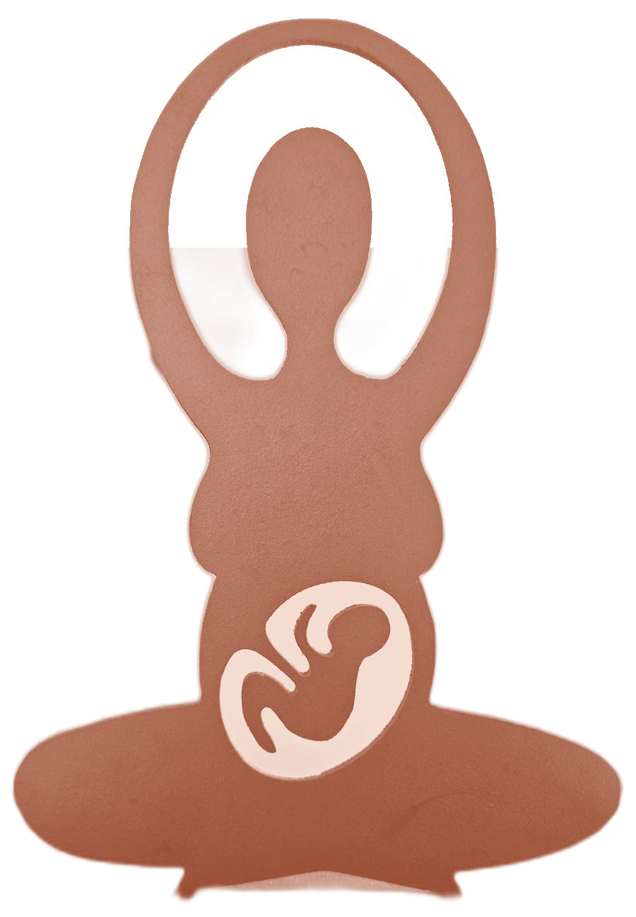 A rust-colored sculpture of a seated figure with raised arms, and a cutout silhouette of a curled baby at the belly